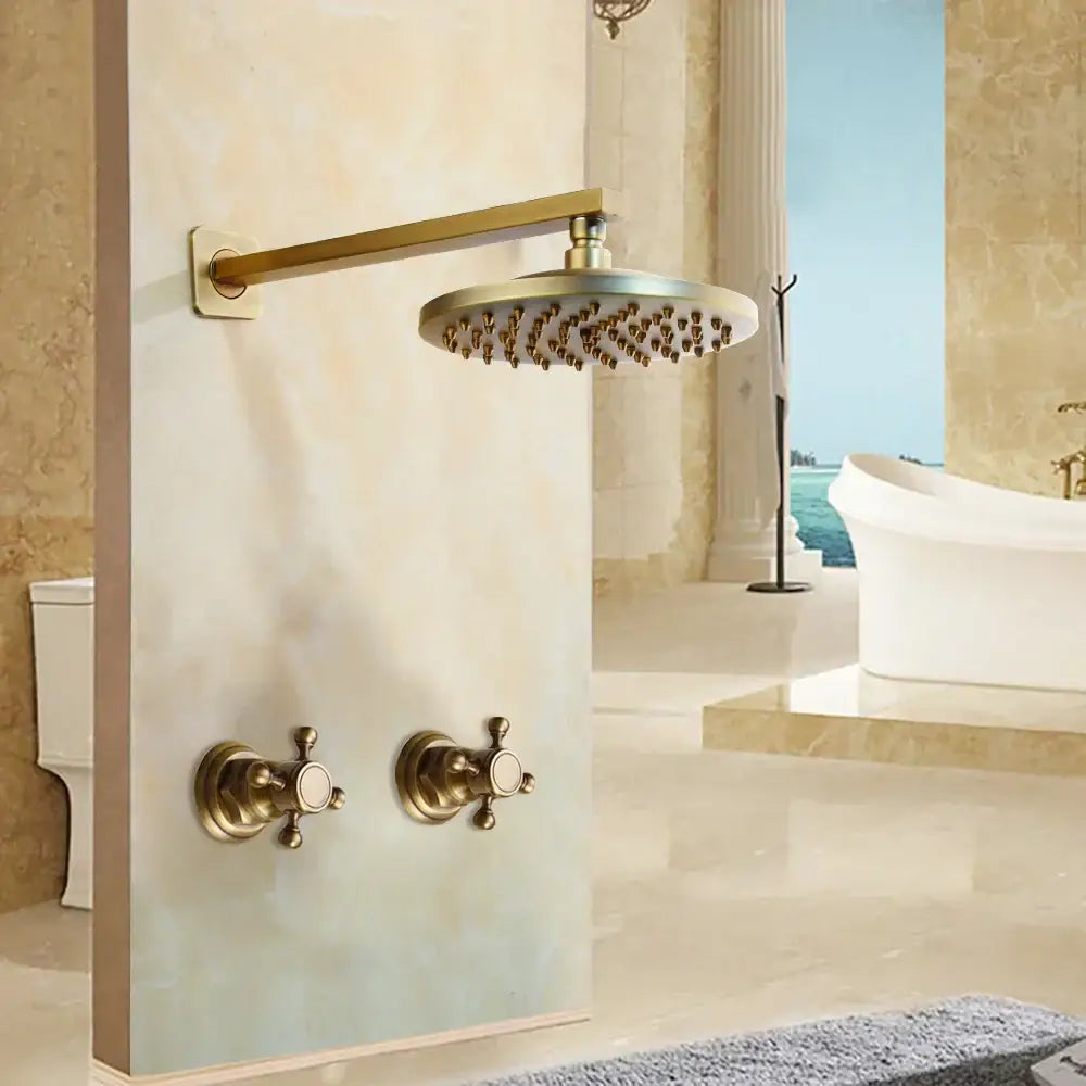 Antique brass round rainfall shower faucet set bathroom fixtures