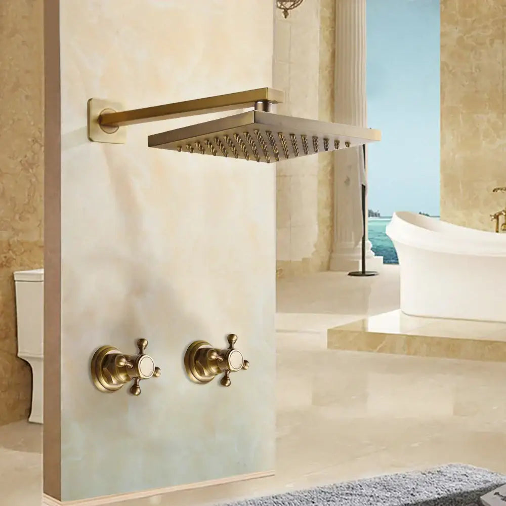 Antique brass round rainfall shower faucet set bathroom fixtures
