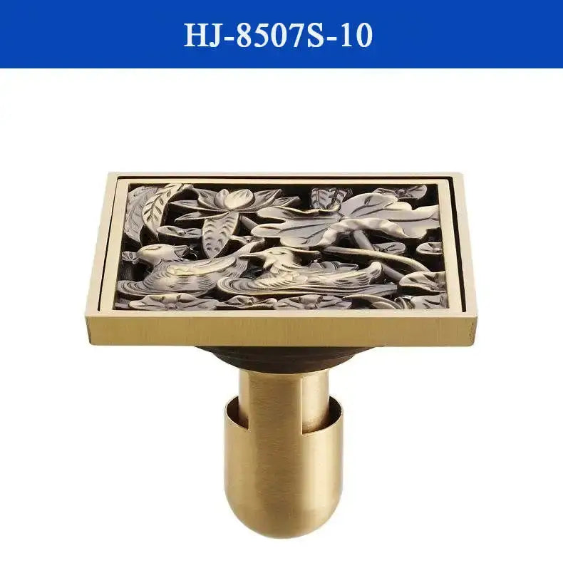 Antique brass shower drain with engraved chinese motifs bathroom cover