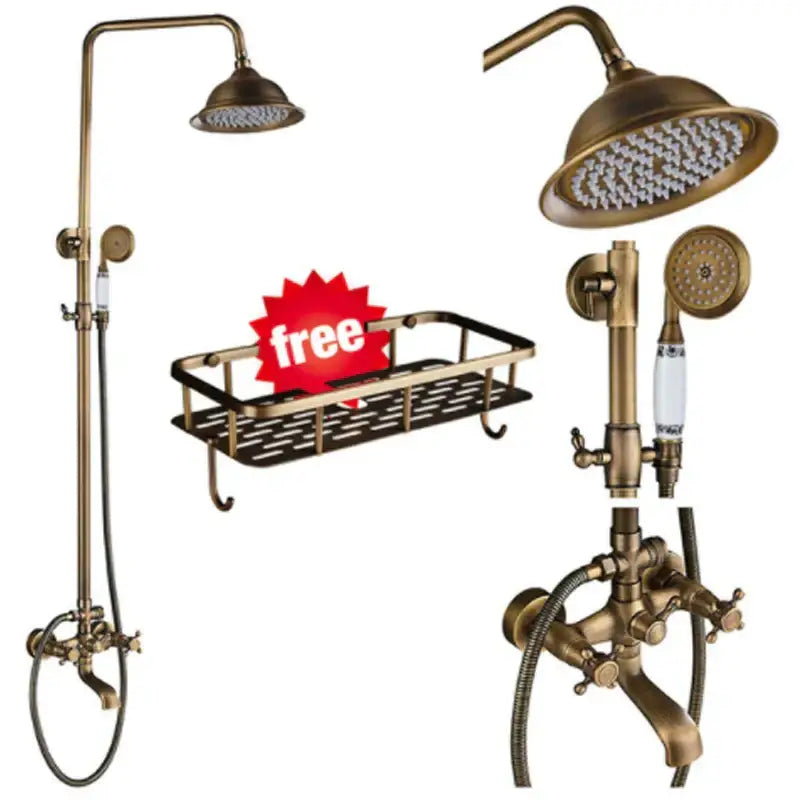 Antique brass shower faucet set bathroom rainfall head and handheld spray