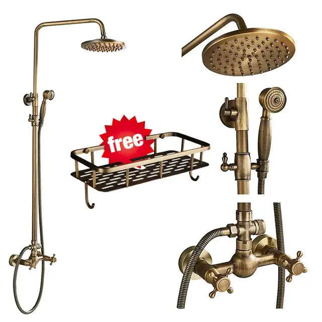 Antique brass shower faucet set bathroom rainfall head and handheld spray