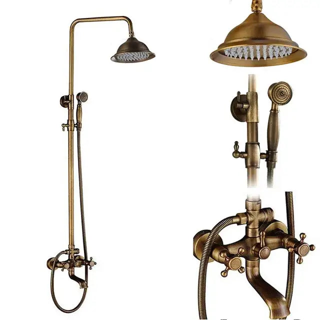 Antique brass shower faucet set bathroom rainfall head and handheld spray