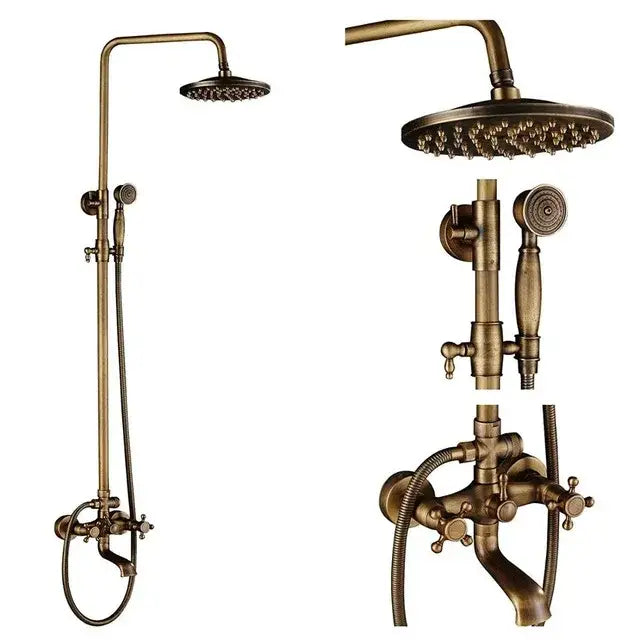 Antique brass shower faucet set bathroom rainfall head and handheld spray