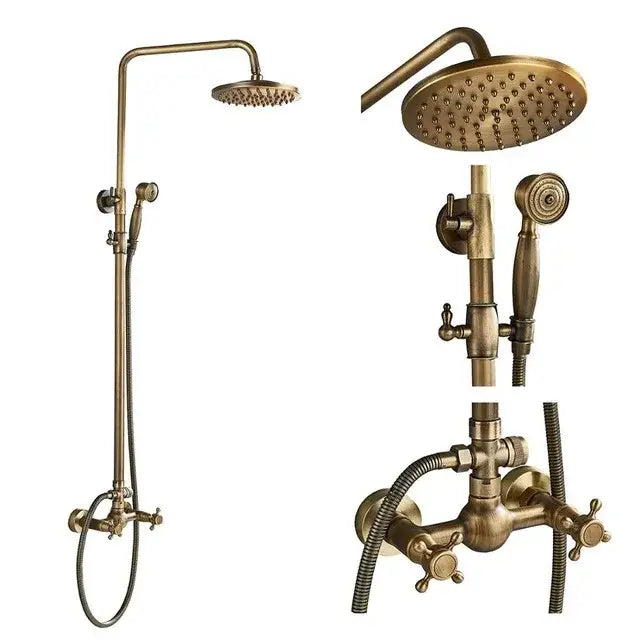 Antique brass shower faucet set bathroom rainfall head and handheld spray