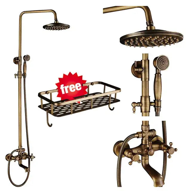 Antique brass shower faucet set bathroom rainfall head and handheld spray