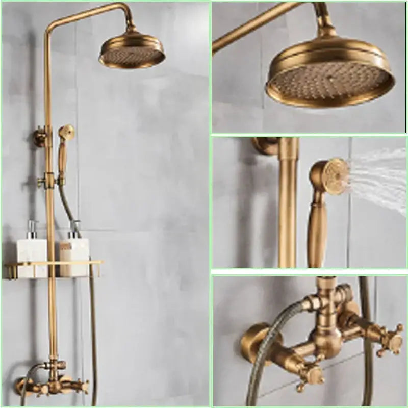 Antique brass shower faucet set bathroom rainfall head and handheld spray