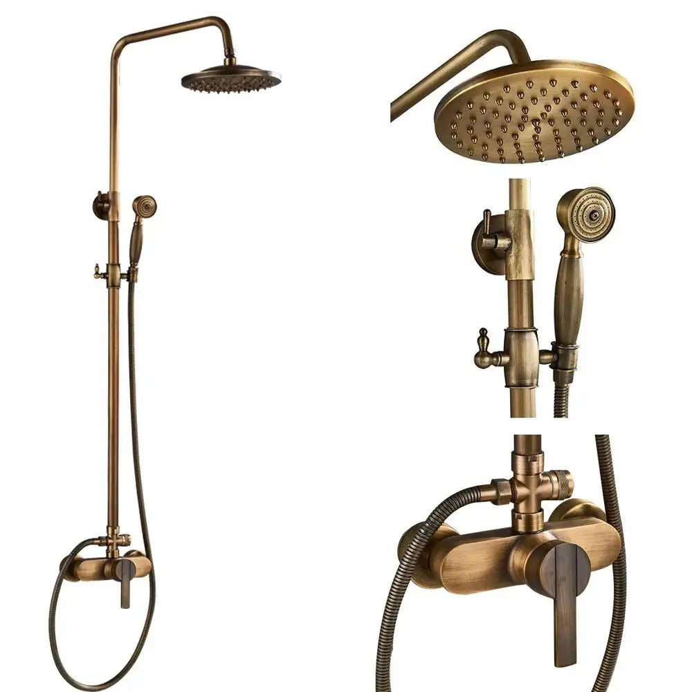 Antique brass shower faucet set bathroom rainfall head and handheld spray