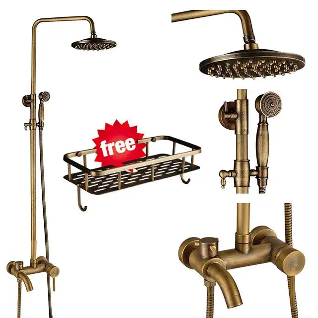 Antique brass shower faucet set bathroom rainfall head and handheld spray