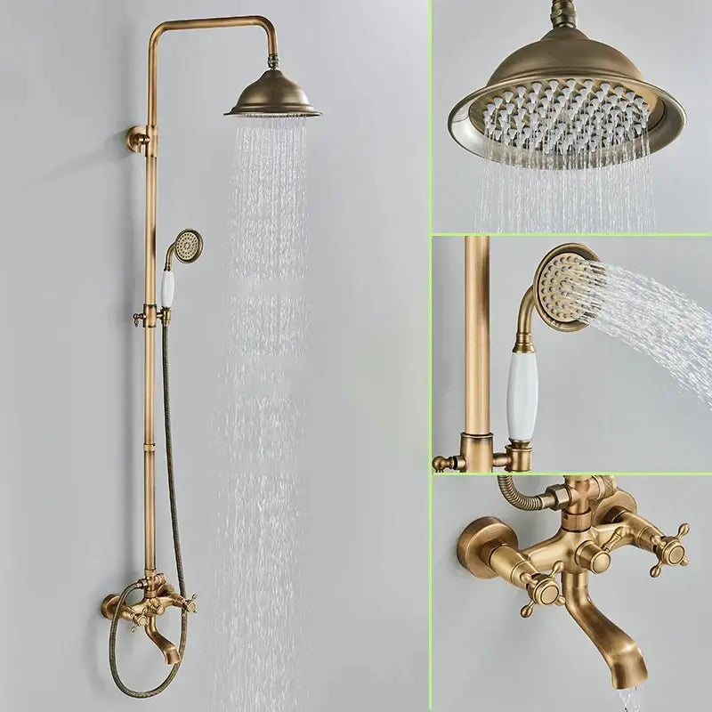 Antique brass shower faucet set bathroom rainfall head and handheld spray