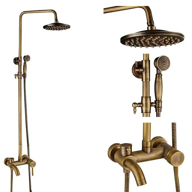 Antique brass shower faucet set bathroom rainfall head and handheld spray