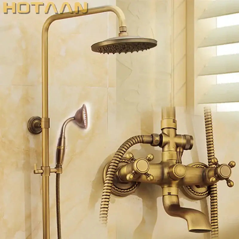 Antique brass shower faucet set with rainfall head for bathroom