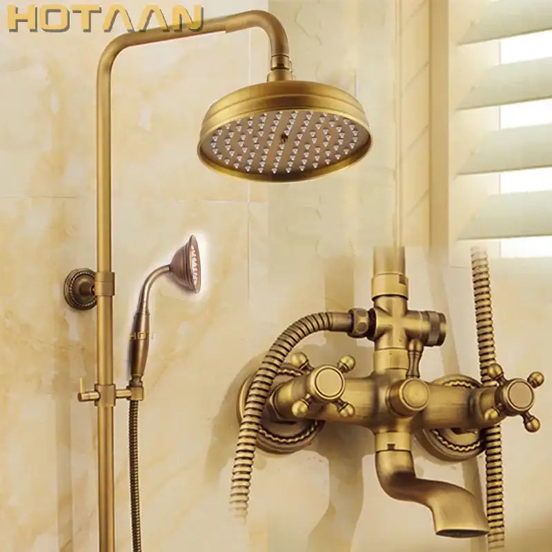 Antique brass shower faucet set with rainfall head for bathroom