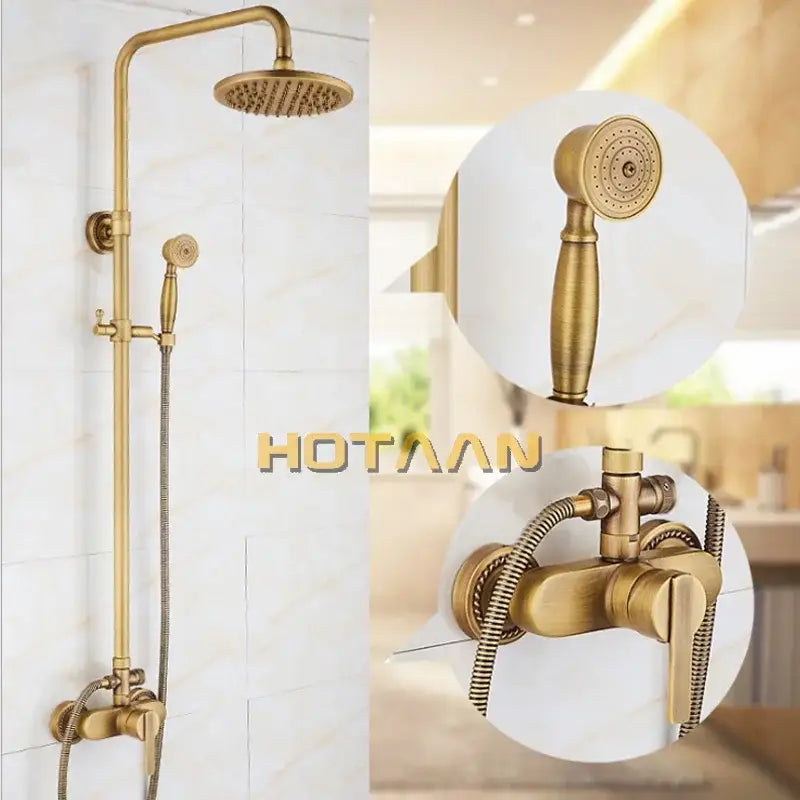 Antique brass shower faucet set with rainhead bathroom hand shower