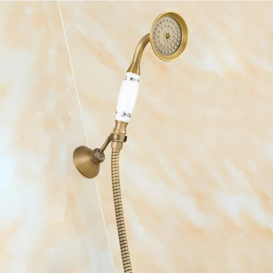 Antique brass shower set with ceramic handheld sprayer for bathroom