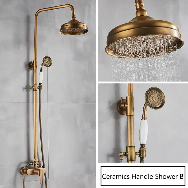 Antique brass shower set with handheld nozzle – bathroom rain faucet