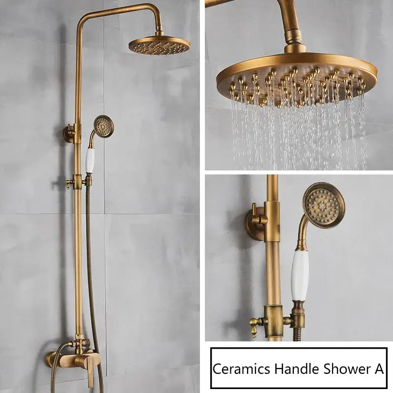 Antique brass shower set with handheld nozzle – bathroom rain faucet