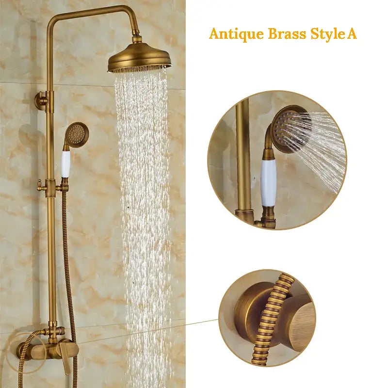 Antique brass shower set with rainfall head and sprayer – bathroom