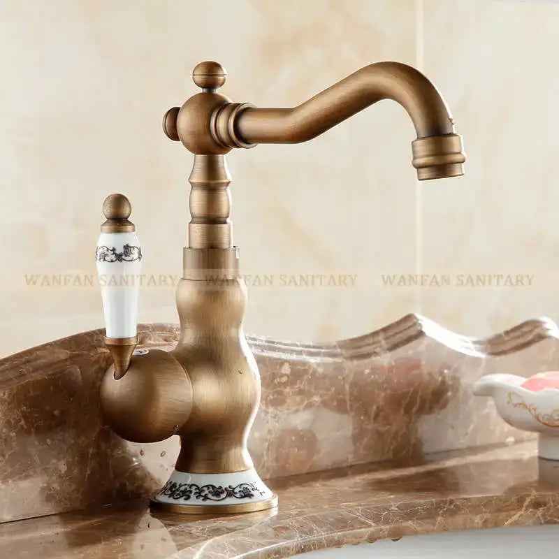 Antique brass floral single handle basin faucet kitchen swivel tap