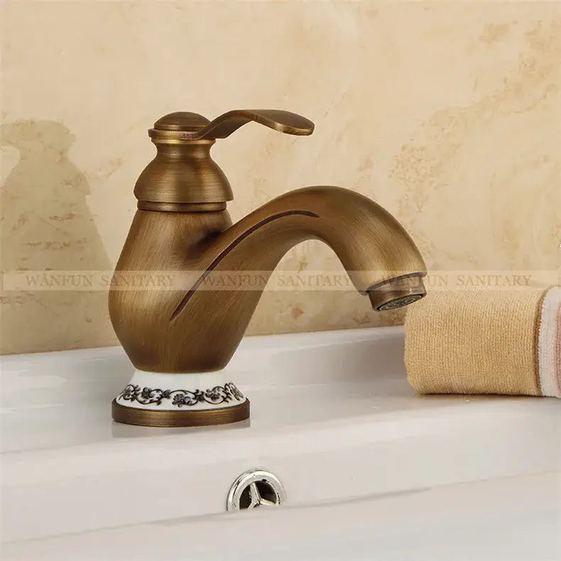 Antique brass single handle floral porcelain bathroom sink faucet