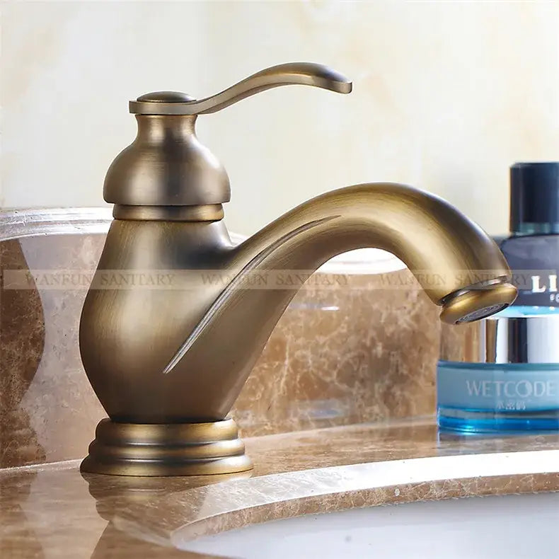 Antique brass single handle floral porcelain bathroom sink faucet