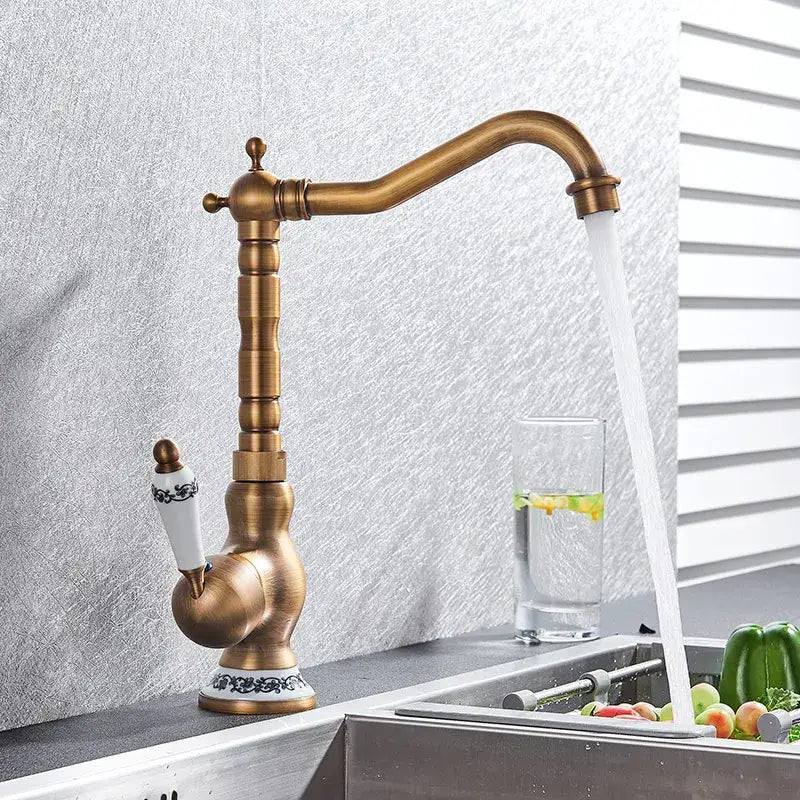 Antique brass ceramic handle kitchen sink faucet