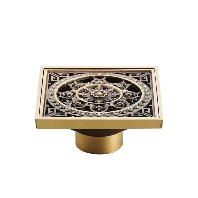 Antique brass square fish carved floor drain bathroom strainer