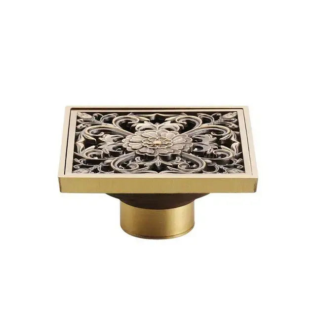 Antique brass square fish carved floor drain bathroom strainer