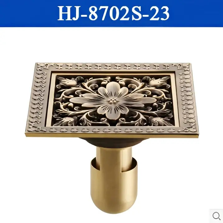 Antique brass square shower floor drain floral embossed bathroom grate