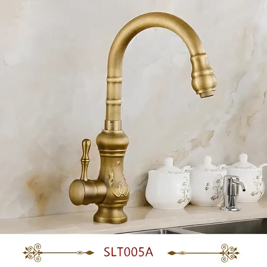 Antique brass swivel spout kitchen faucet with floral ceramic handle