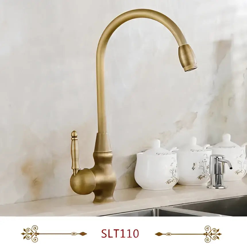 Antique brass swivel spout kitchen faucet with floral ceramic handle