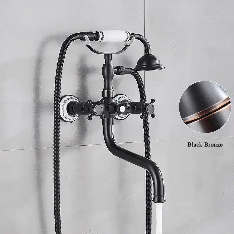 Antique brass shower mixer tap with curved spout for bathroom