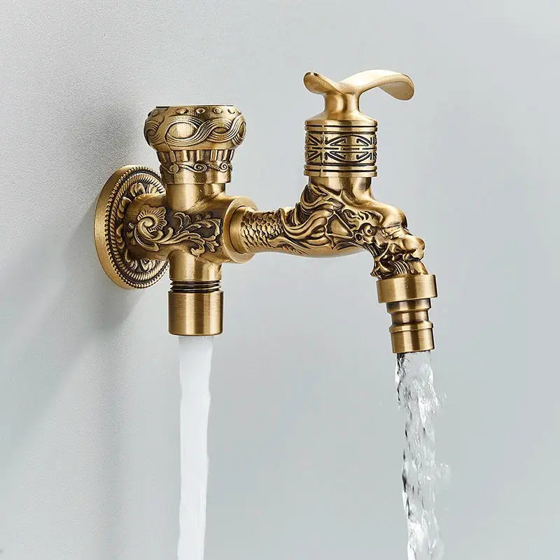 Antique brass dragon wall mounted faucet garden engraved tap