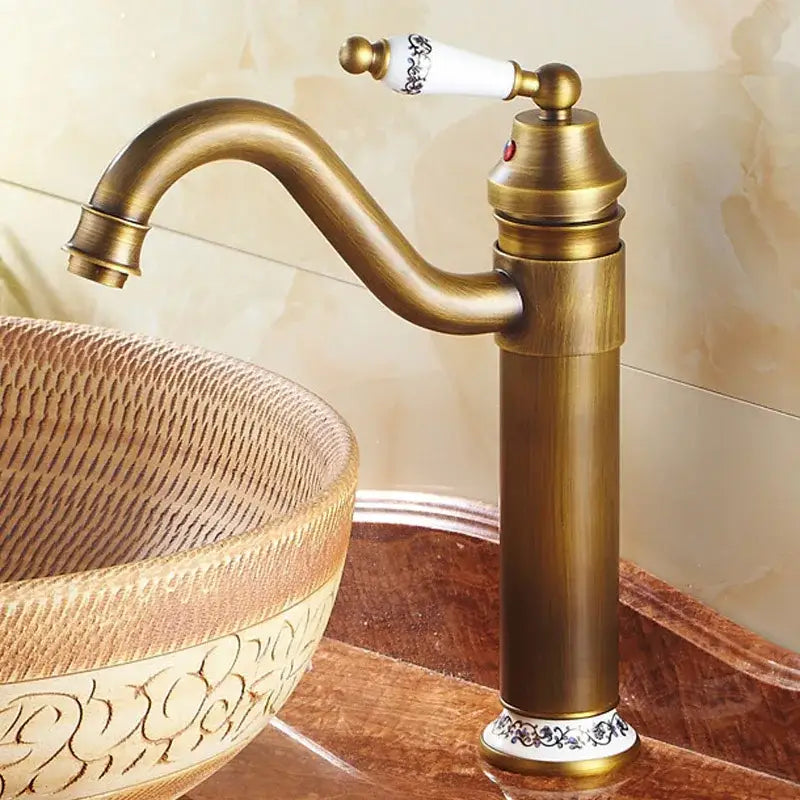 Antique bronze finish floral ceramic handle bathroom sink faucet