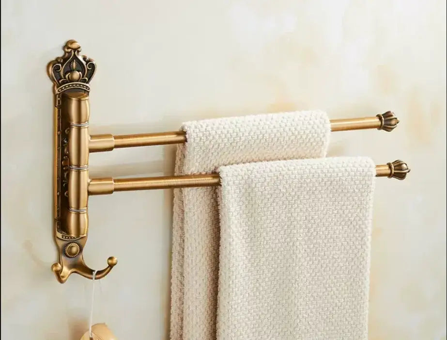 Antique carved swivel towel hanger bathroom brass folding rack