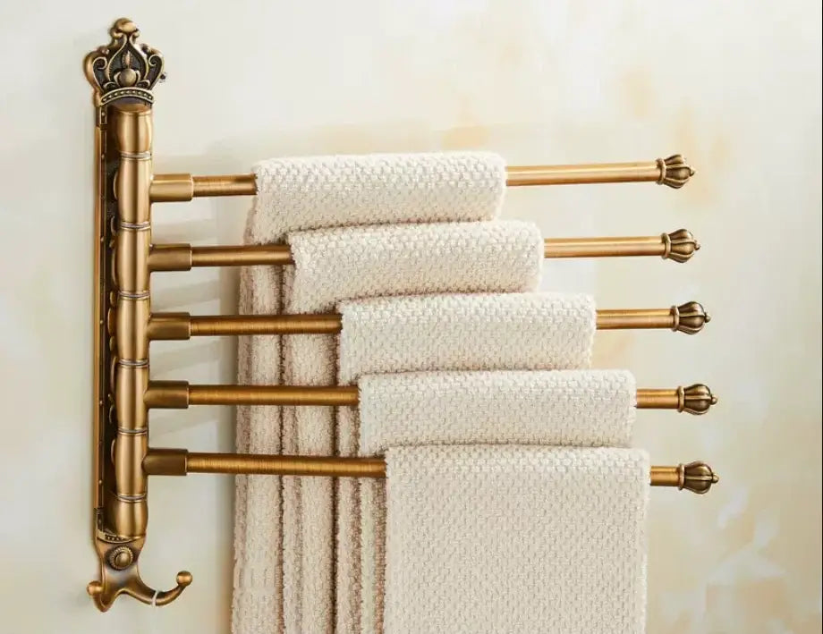 Antique carved swivel towel hanger bathroom brass folding rack