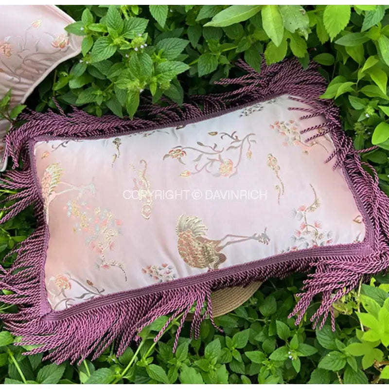 Antique crane floral jacquard pink satin pillow case bedroom decor