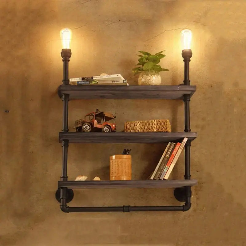 Antique industrial wall lamp wood shelf for study with edison bulbs