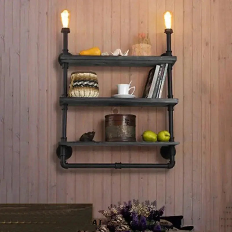 Antique industrial wall lamp wood shelf for study with edison bulbs