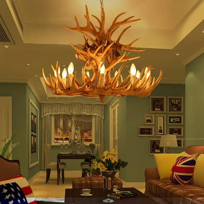 Antique resin antler chandelier golden brown dining room lighting