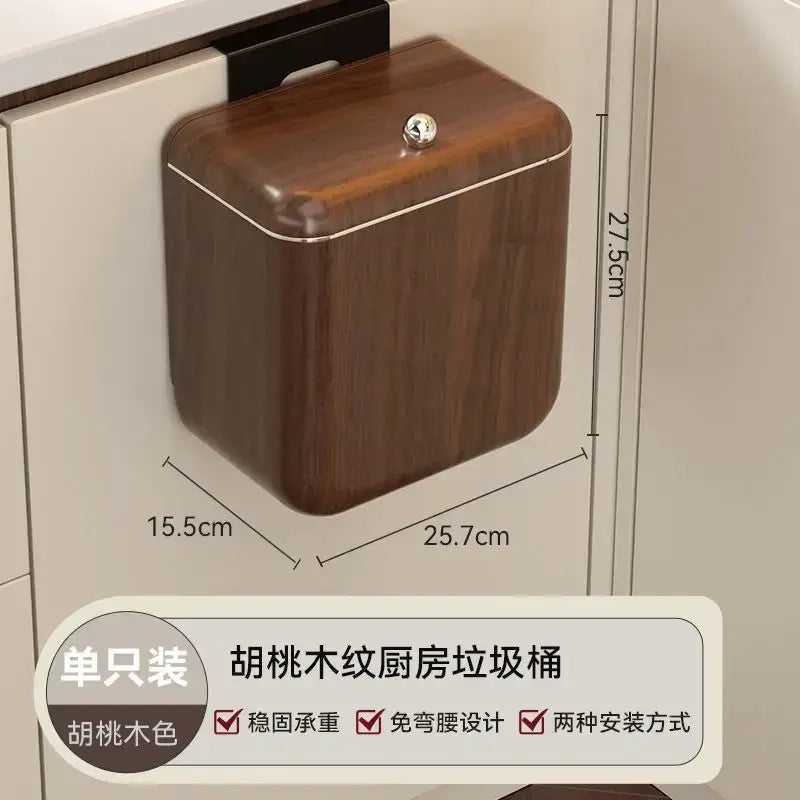 Antique style wood grain kitchen trash can with hanging lid