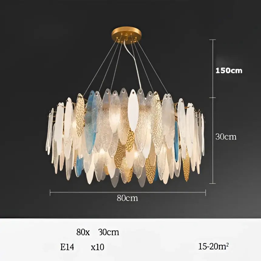 Art deco glass leaf chandelier amber & gold dining room light