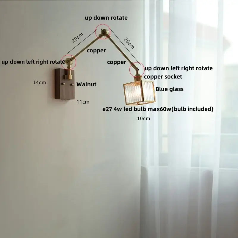 Ash wood led swing arm wall lamp with blue glass bedroom sconce