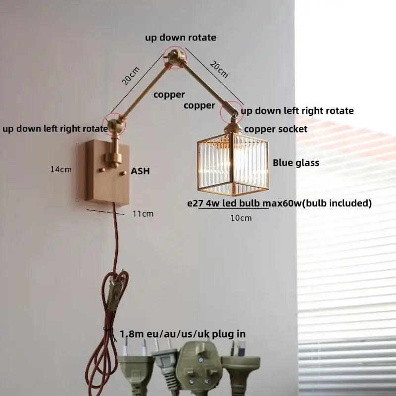 Ash wood led swing arm wall lamp with blue glass bedroom sconce