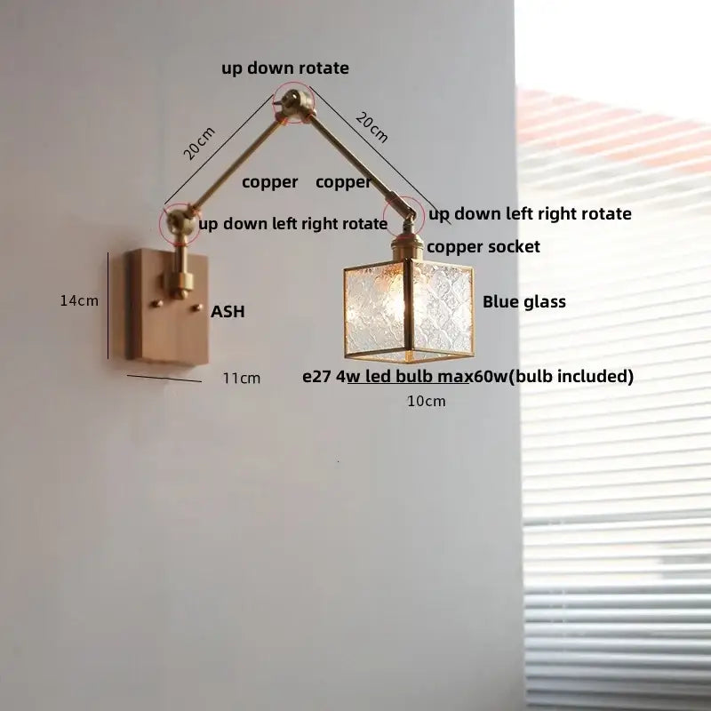 Ash wood led swing arm wall lamp with blue glass bedroom sconce