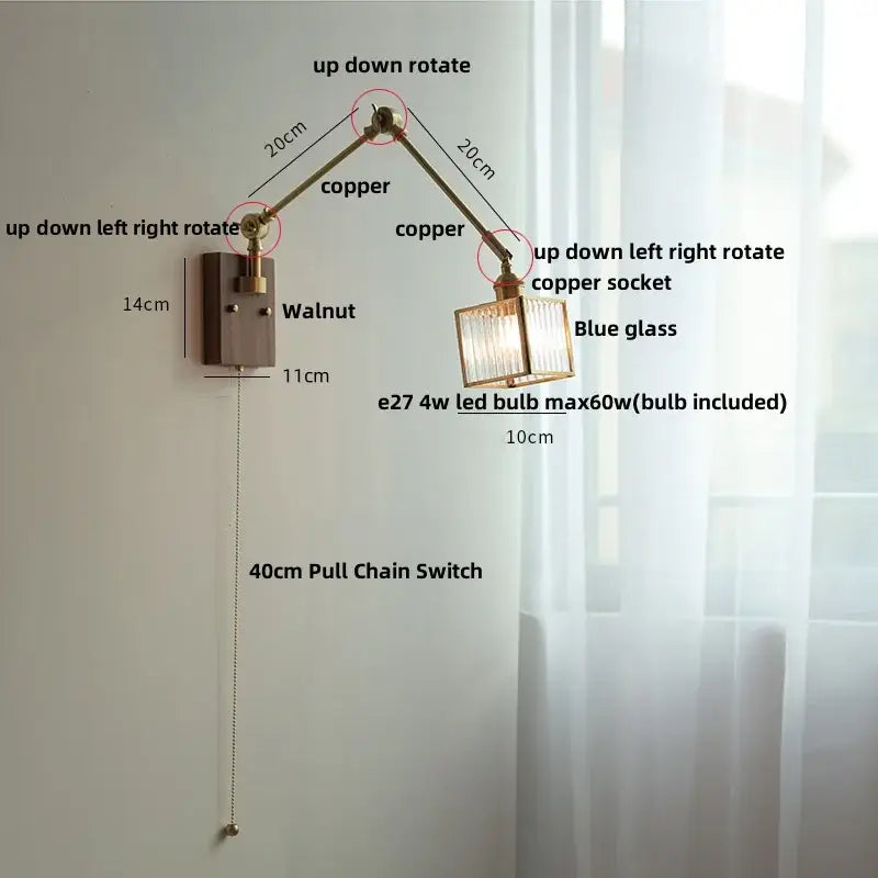 Ash wood led swing arm wall lamp with blue glass bedroom sconce