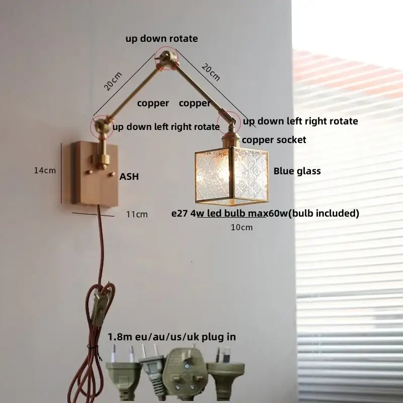 Ash wood led swing arm wall lamp with blue glass bedroom sconce