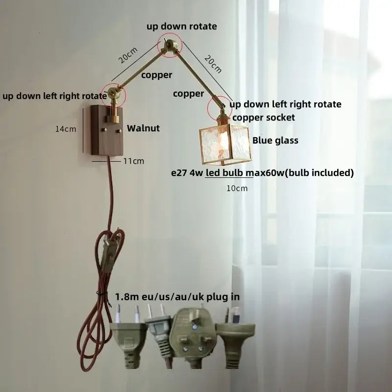Ash wood led swing arm wall lamp with blue glass bedroom sconce