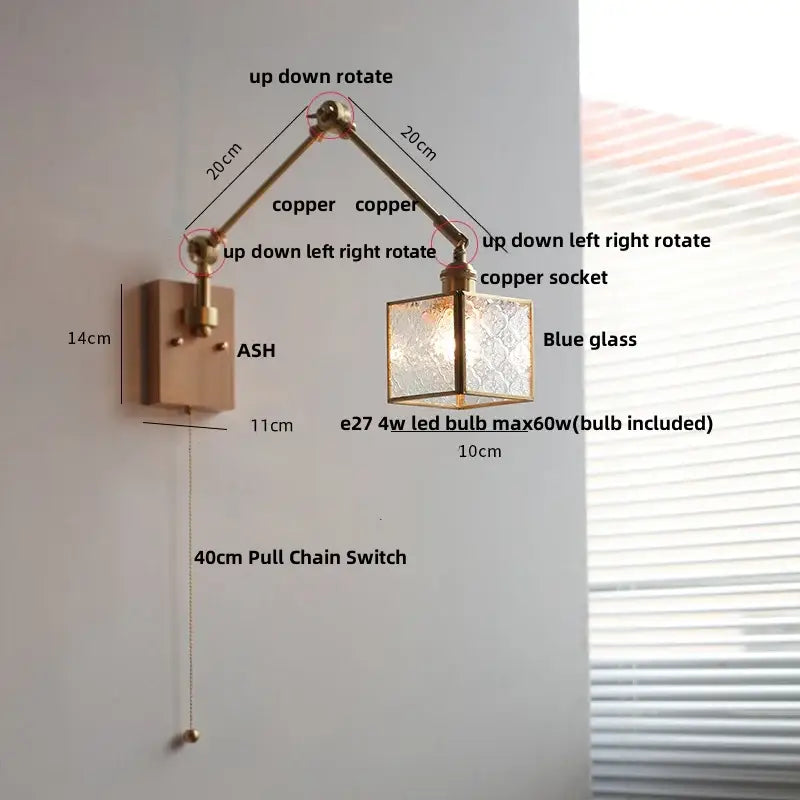 Ash wood led swing arm wall lamp with blue glass bedroom sconce
