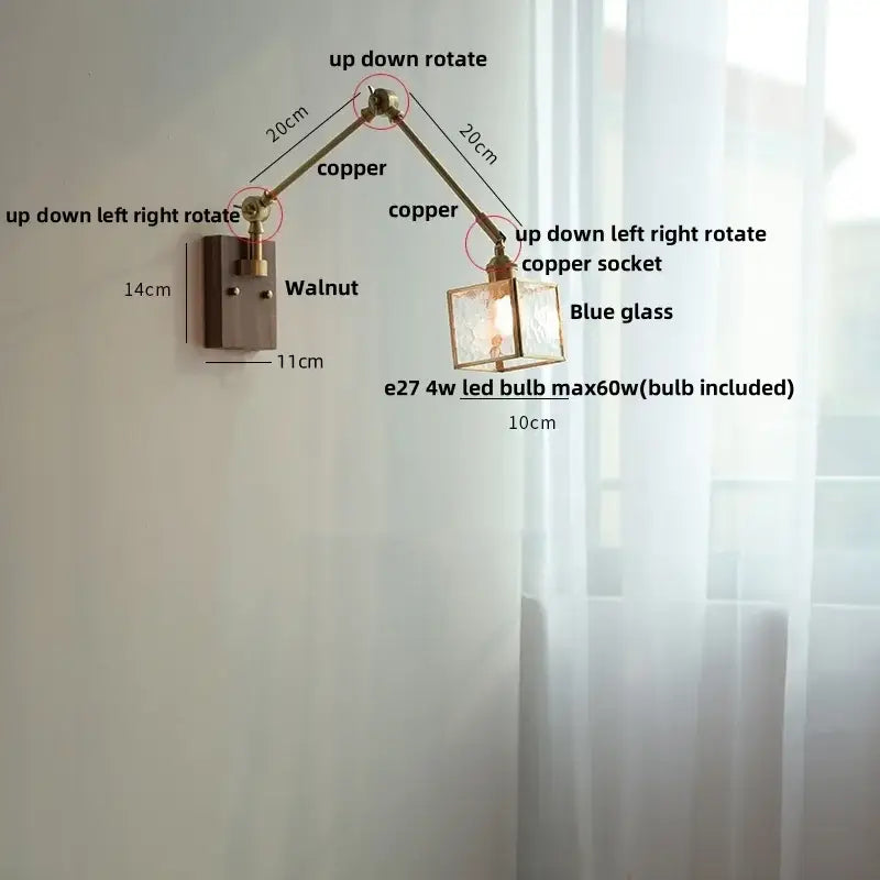 Ash wood led swing arm wall lamp with blue glass bedroom sconce