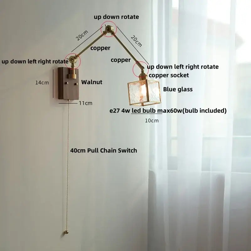 Ash wood led swing arm wall lamp with blue glass bedroom sconce